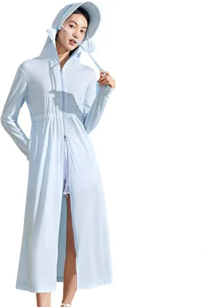 Long Women UPF 50  Sun Protection Hooded Ice Silk Coat with Pockets Hiking Outdoor Anti-UV Jacket