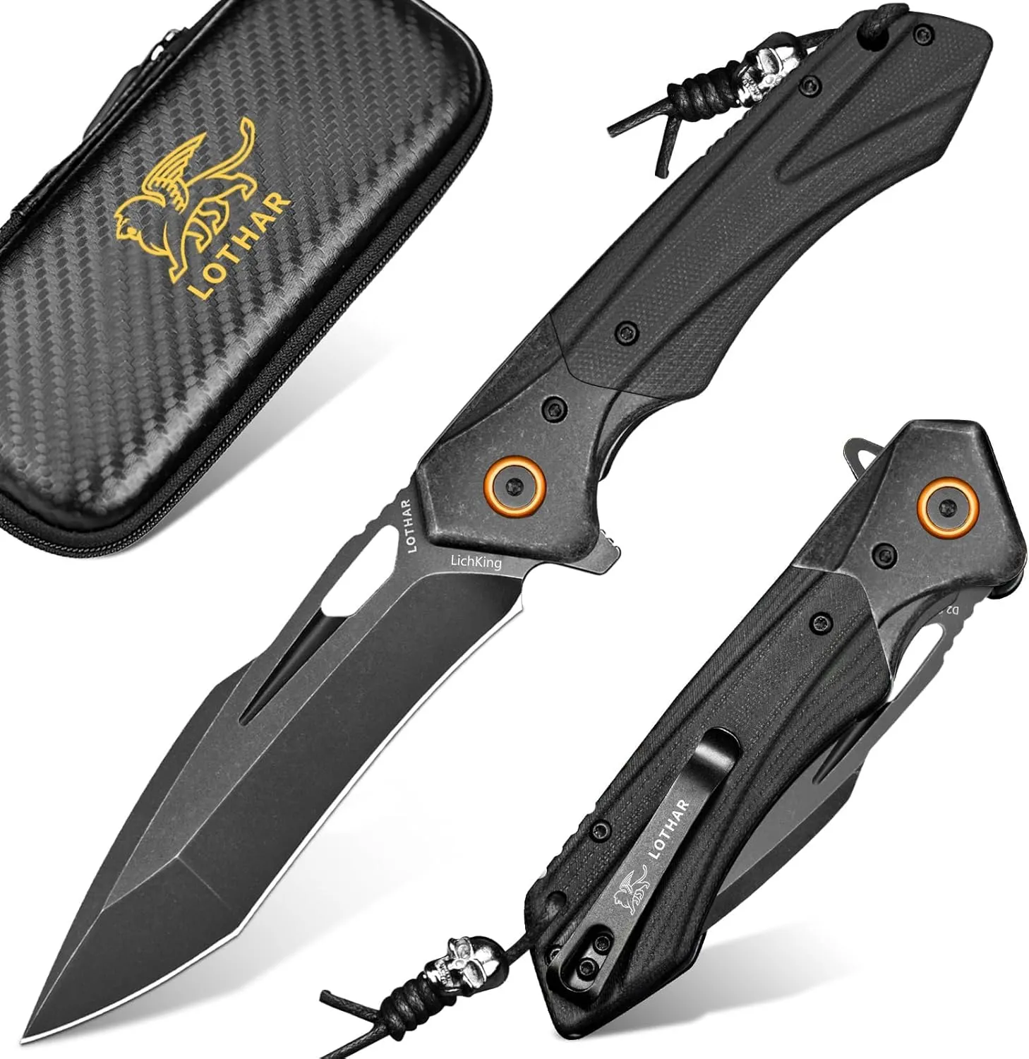 LOTHAR LICH KING Pocket Knife, 3.5 Inch D2 Steel Folding Knife with Clip, G10 Handle, Exotic Touch EDC Knife, Gifts Pocket Knife for Men Women