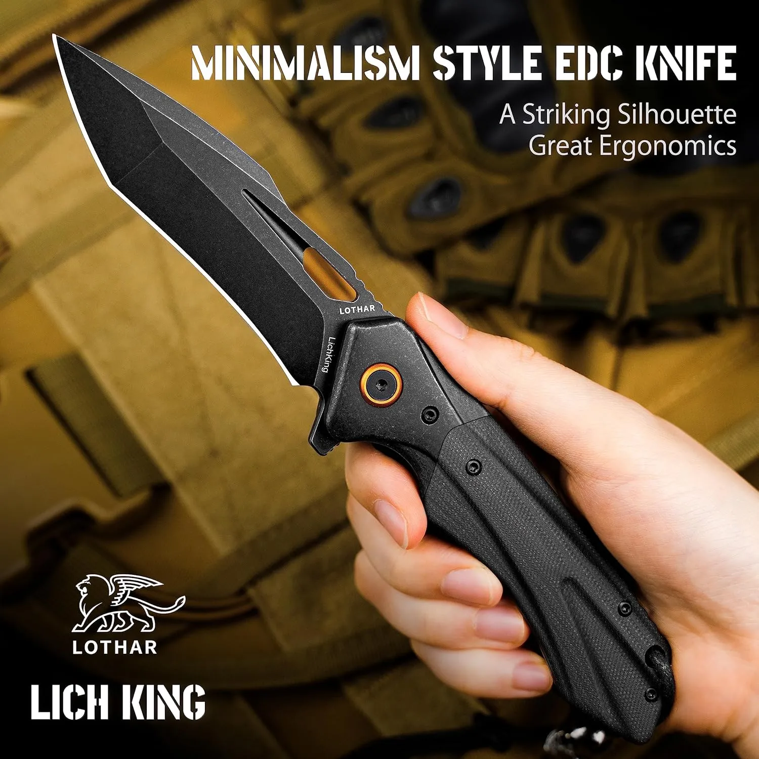 LOTHAR LICH KING Pocket Knife, 3.5 Inch D2 Steel Folding Knife with Clip, G10 Handle, Exotic Touch EDC Knife, Gifts Pocket Knife for Men Women