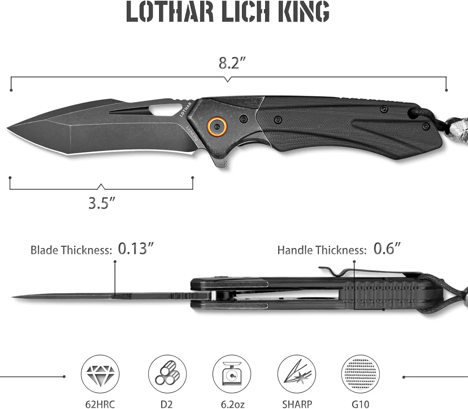 LOTHAR LICH KING Pocket Knife, 3.5 Inch D2 Steel Folding Knife with Clip, G10 Handle, Exotic Touch EDC Knife, Gifts Pocket Knife for Men Women