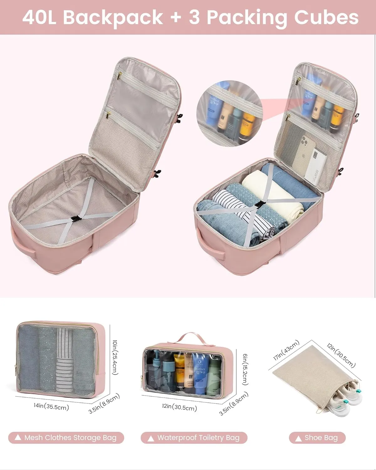 LOVEVOOK Large Travel Backpack for Women, Carry On Bag Backpack Flight Approved, 40L TSA Personal Item Travel Bag with 3 Packing Cubes, Waterproof 17 Inch Laptop Hiking Casual