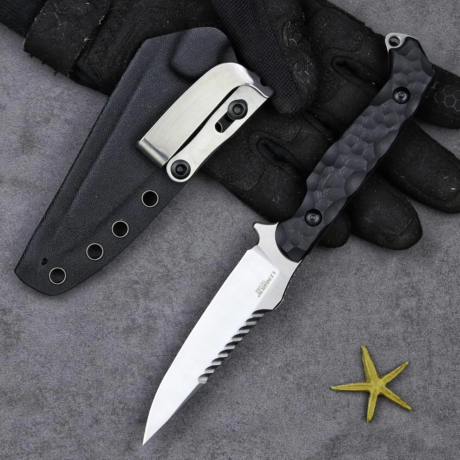 LR-869 EDC Tactical Fixed fighting blades Blade，Full Tang 14C28N Steel Reverse Serrations G10/Linen Handle Kydex Sheath For Camping Hiking Hunting (Black G10)