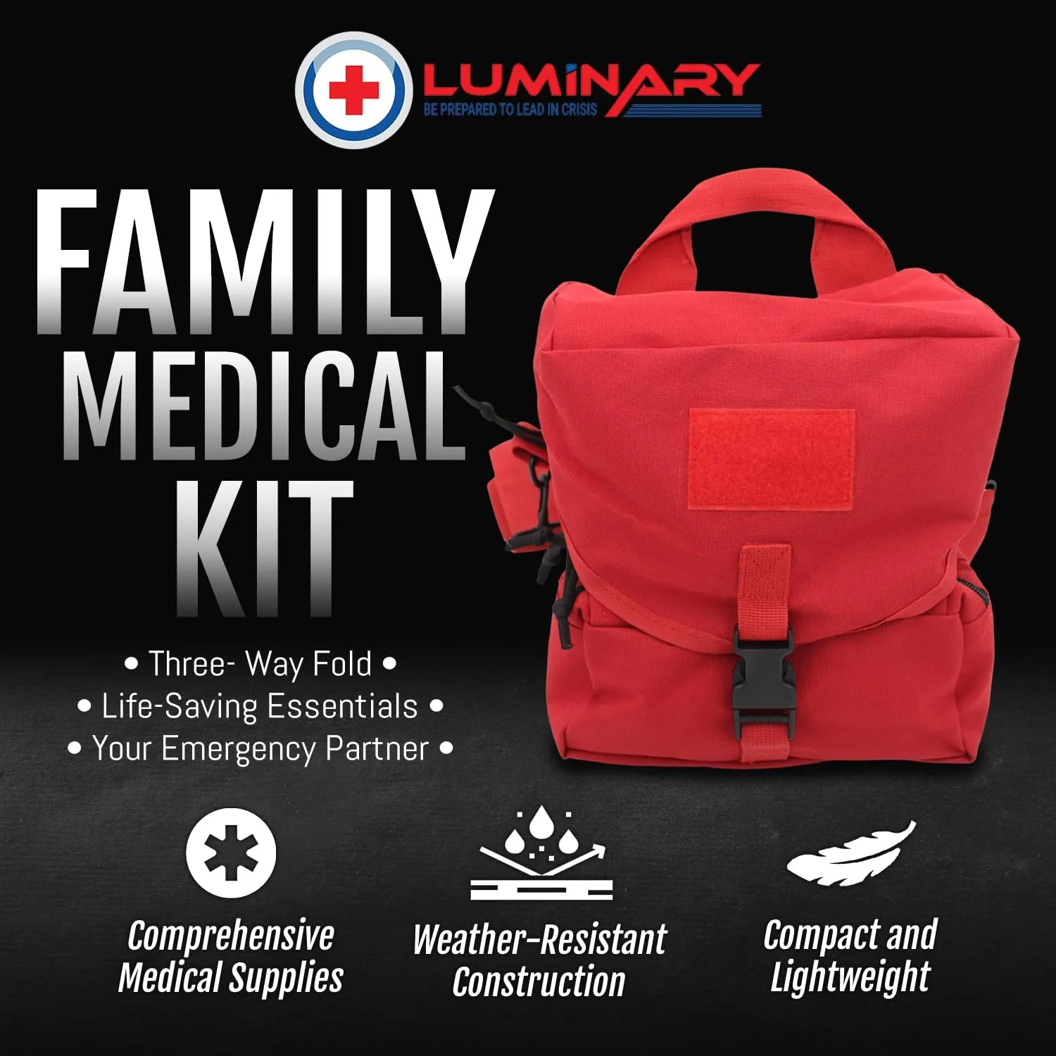 Luminary Family Medical Kit – Complete Emergency First Aid Solution for Home & Outdoor Adventures | Durable, Compact & Organized | for Families, Travelers, and Pets | HSA/FSA Eligible (Red)