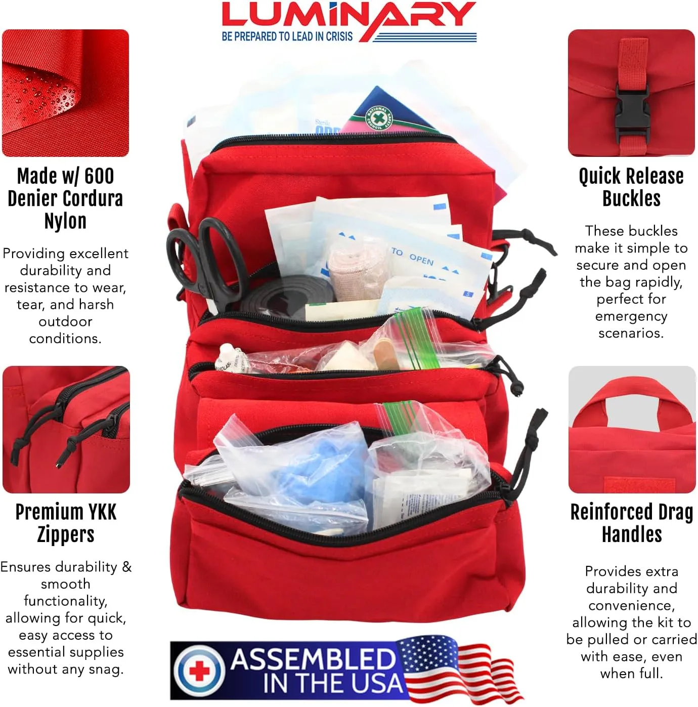 Luminary Family Medical Kit – Complete Emergency First Aid Solution for Home & Outdoor Adventures | Durable, Compact & Organized | for Families, Travelers, and Pets | HSA/FSA Eligible (Red)
