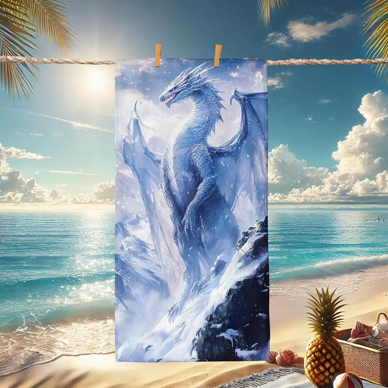 Majestic Ice Dragon Microfiber Beach Towel Blue Fantasy Creature Quick Dry Absorbent Sand Free Oversize Lightweight Beach Blanket, Vacation Picnic Essentials 70x35 Inch