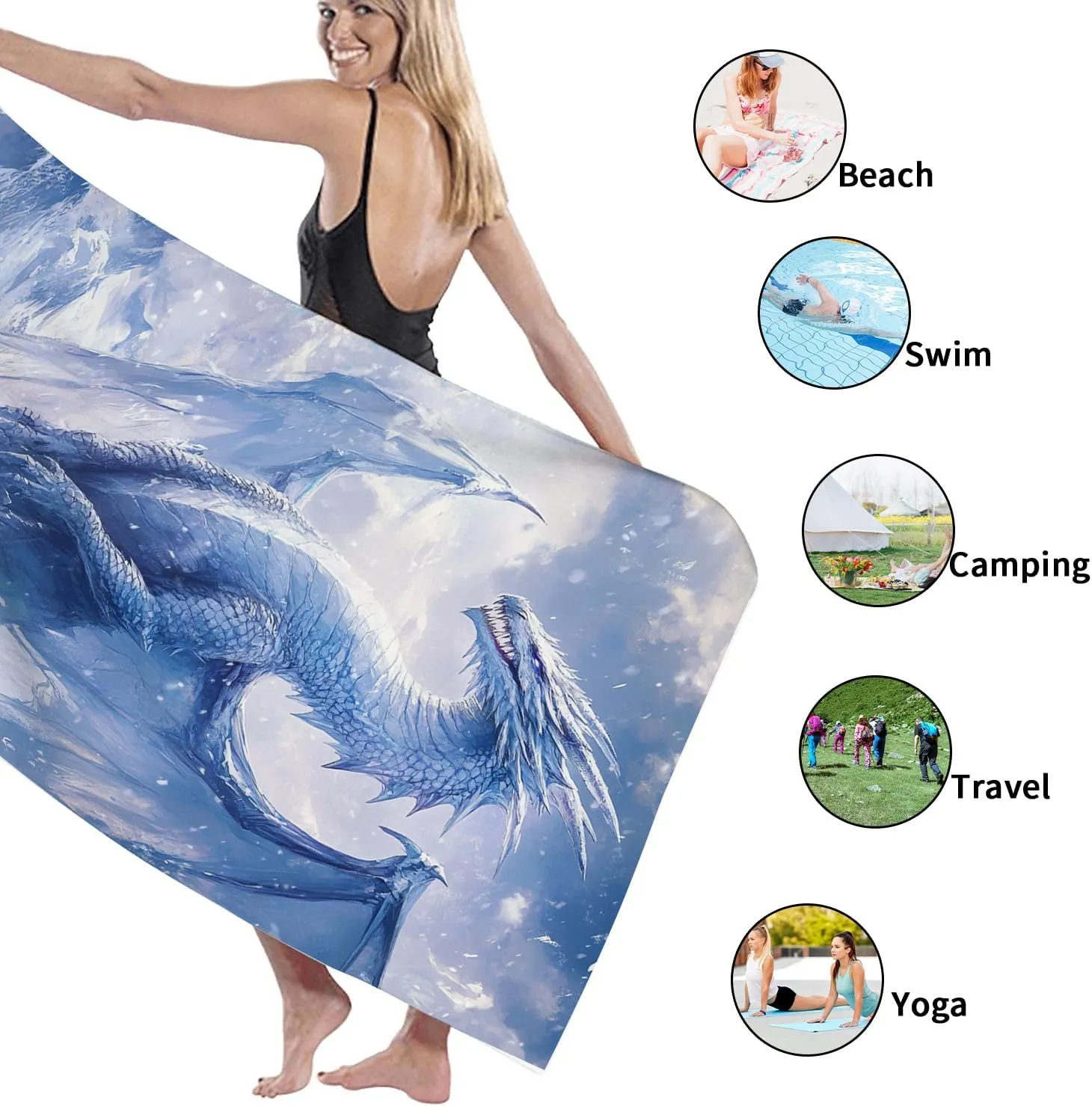 Majestic Ice Dragon Microfiber Beach Towel Blue Fantasy Creature Quick Dry Absorbent Sand Free Oversize Lightweight Beach Blanket, Vacation Picnic Essentials 70x35 Inch