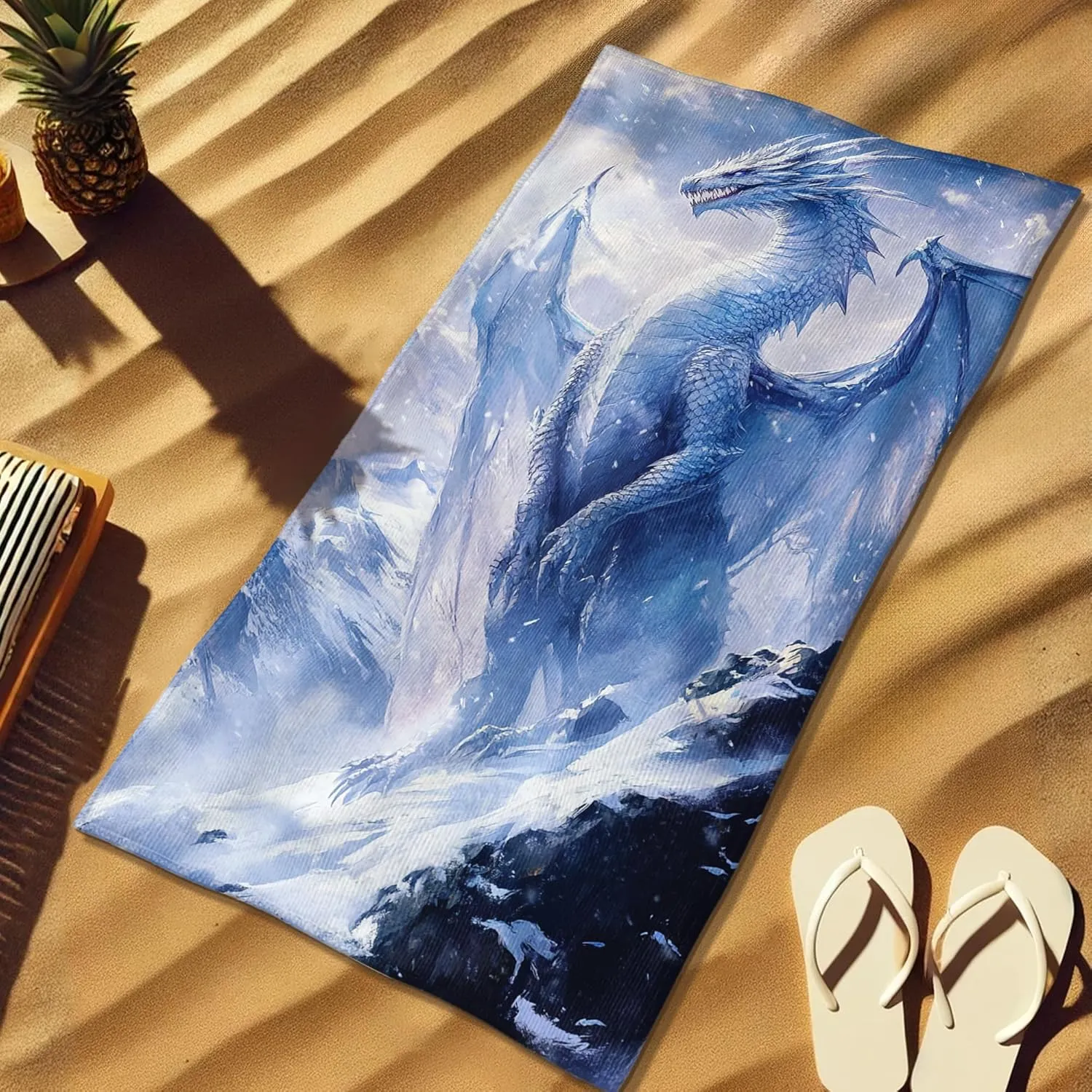 Majestic Ice Dragon Microfiber Beach Towel Blue Fantasy Creature Quick Dry Absorbent Sand Free Oversize Lightweight Beach Blanket, Vacation Picnic Essentials 70x35 Inch