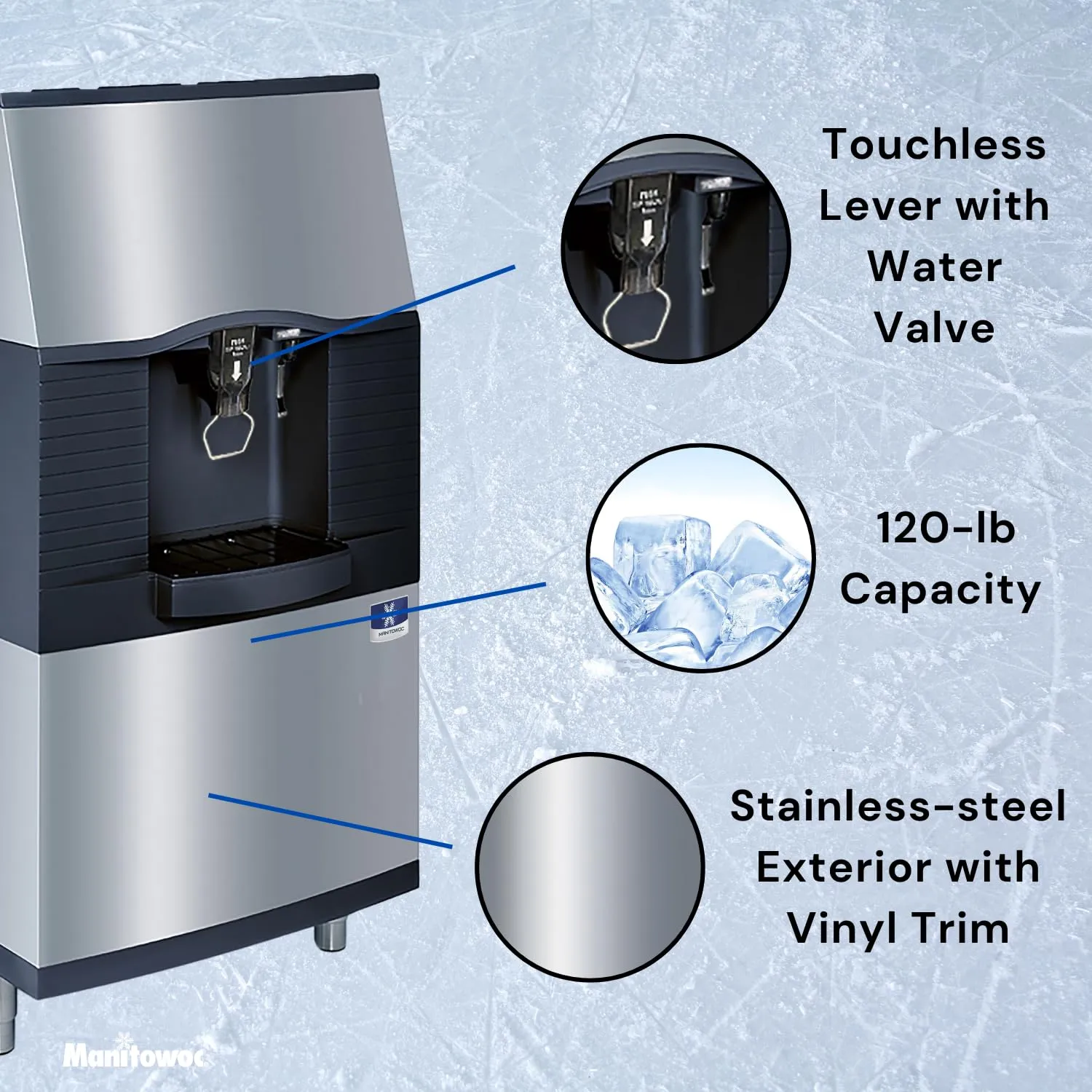 Manitowoc SFA192 Vending Ice Dispenser with Built-in Water Valve, touchless Lever, Floor Model, 22" W x 31-3/16"D x 54" H, AHRI Certified 120-lb
