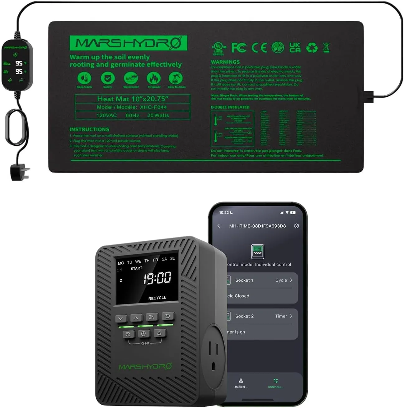 MARS HYDRO 10''x 20.75'' Seedling Heat Mat with Thermostat Heating Pad IP67 Waterproof and ITime 2-in-1 Smart Timer Outlet Dual Outlet App Control
