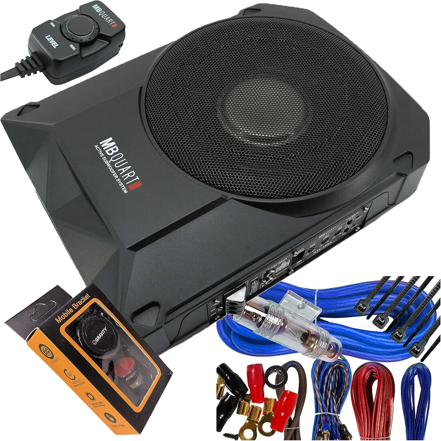 MB Quart RW-110A 800W Reference Series 10" 4-Ohm Power Subwoofer Amplifier with 8 Guage Kit Blue and Gravity Magnet Phone Holder PK4 Bundle