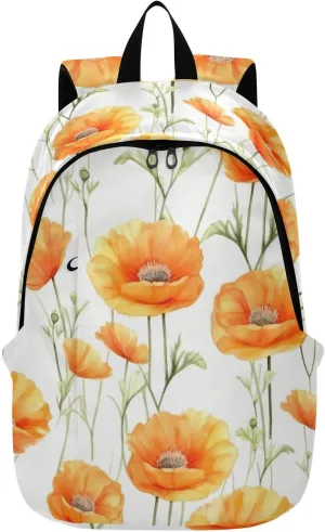 MCHIVER Travel Backpack Orange Poppy Flowers White Casual Daypack Backpacks Lightweight Carry on Bag Water Resistant Hiking Backpack for Women and Men