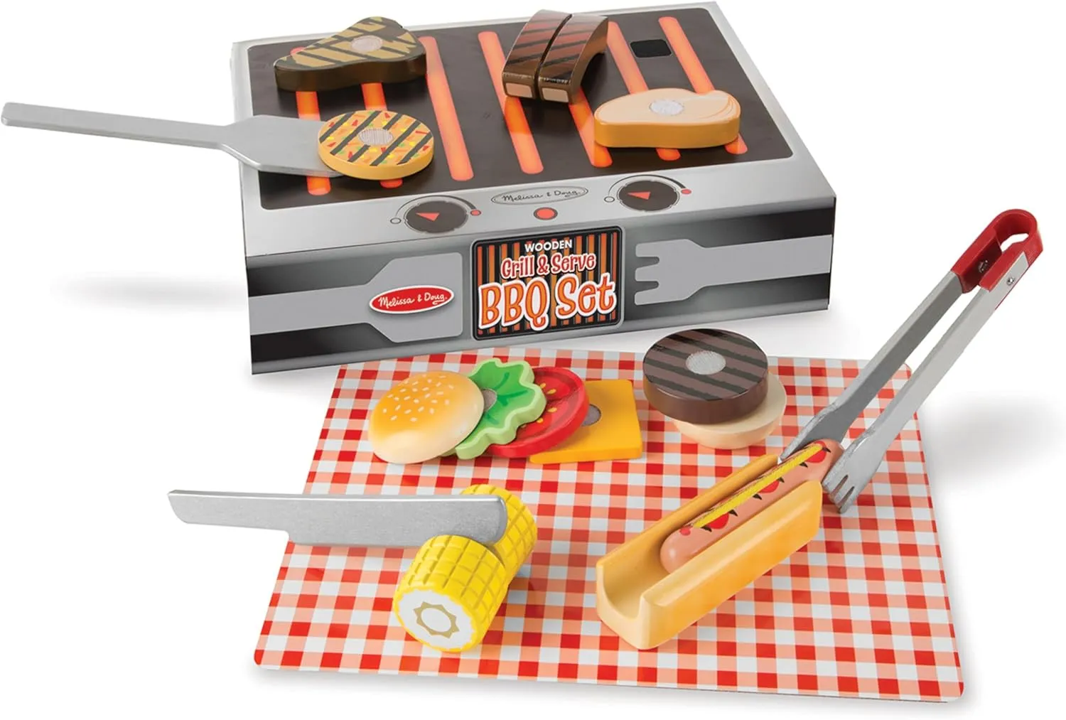 Melissa & Doug Grill and Serve BBQ Set (20 pcs) - Wooden Play Food and Accessories