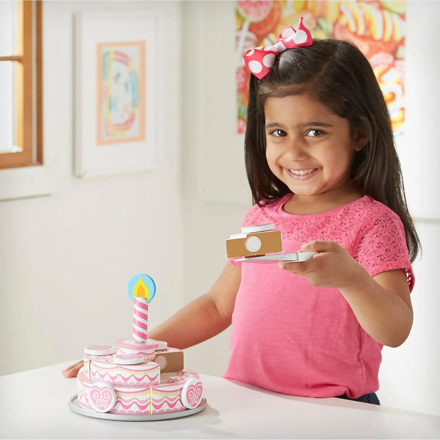 Melissa & Doug Triple-Layer Party Cake Wooden Play Food Set - Birthday Cake Pretend Food Play Set For Toddlers, Kids Ages 3 