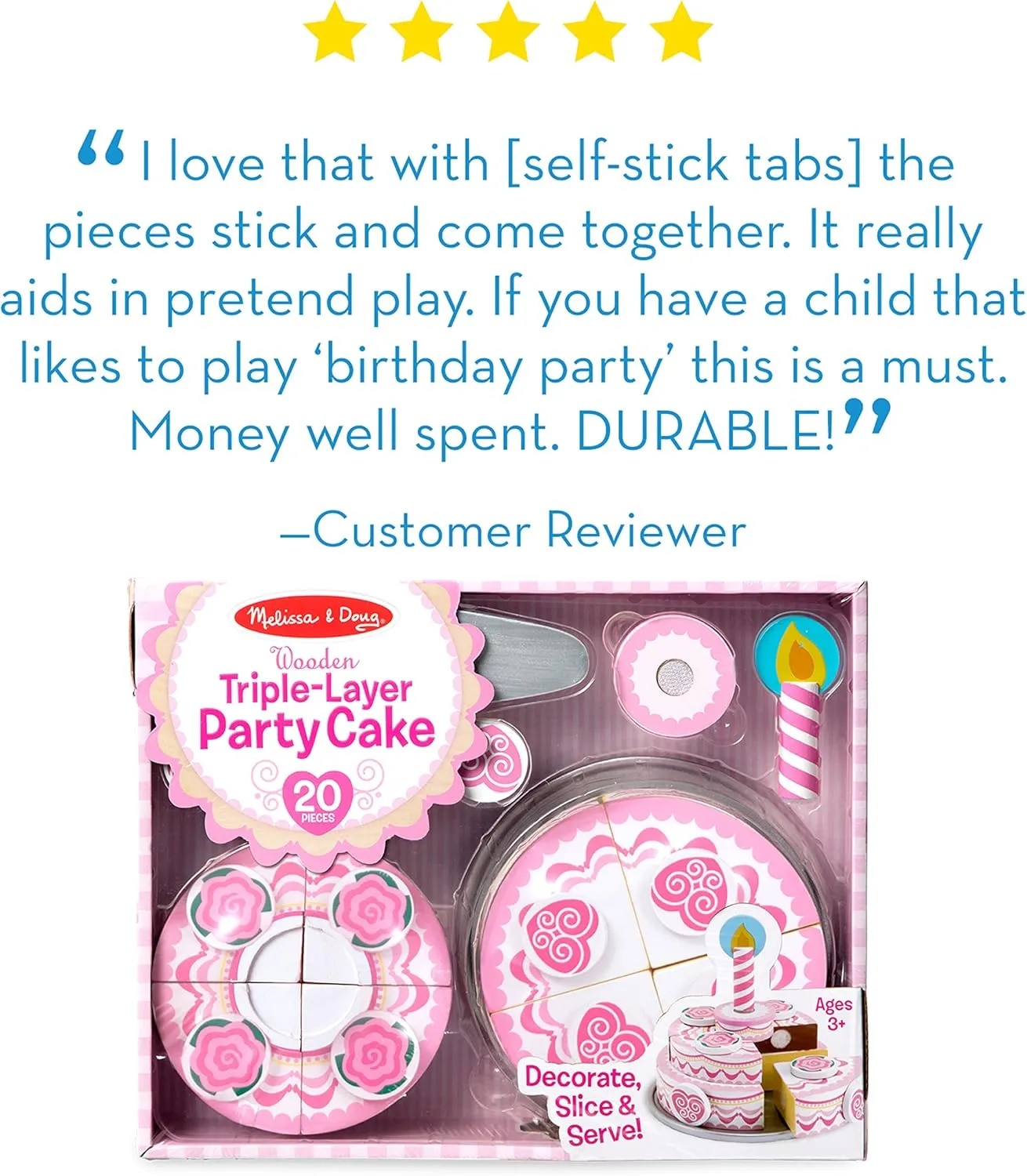 Melissa & Doug Triple-Layer Party Cake Wooden Play Food Set - Birthday Cake Pretend Food Play Set For Toddlers, Kids Ages 3 