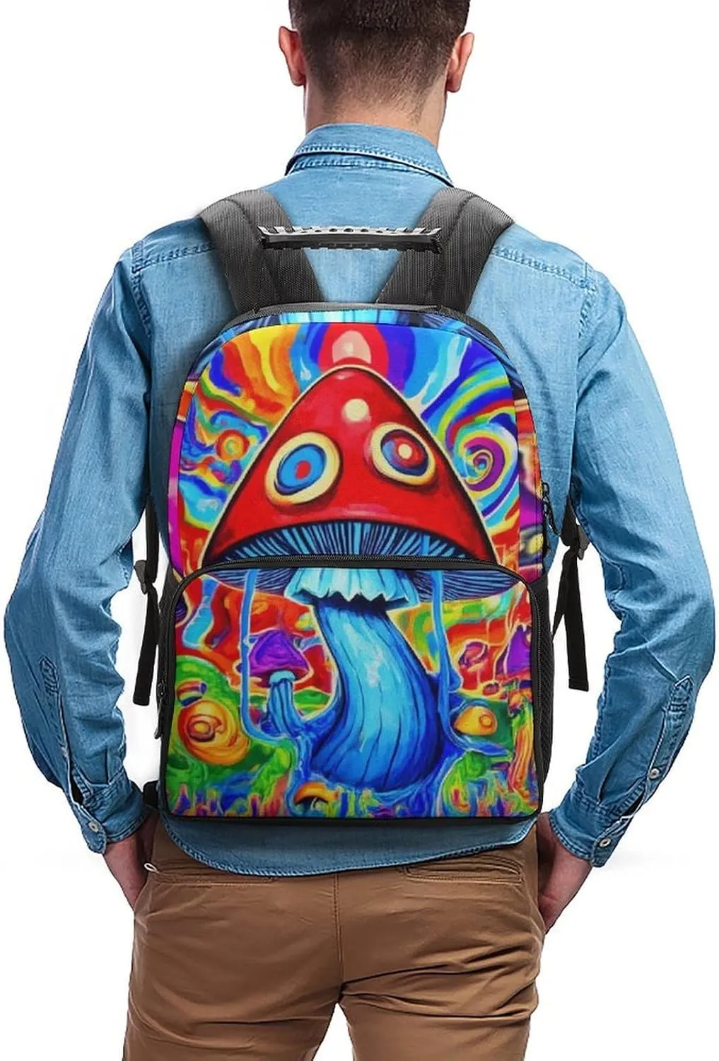 Men Women Lightweight Trippy Magic Mushrooms Art Backpack Large Capacity Carry On Bag With Padded Straps for Sports Work Walking Cycling