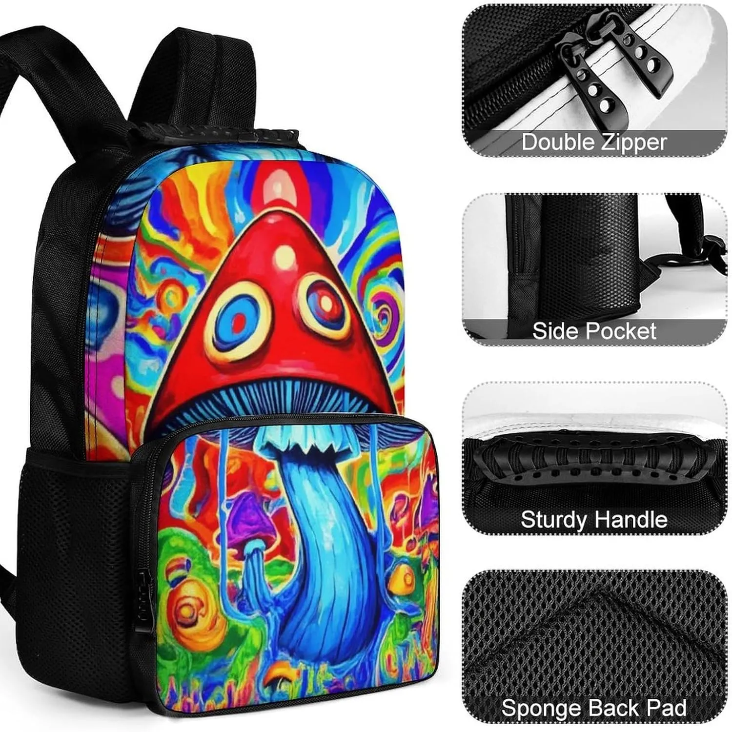 Men Women Lightweight Trippy Magic Mushrooms Art Backpack Large Capacity Carry On Bag With Padded Straps for Sports Work Walking Cycling