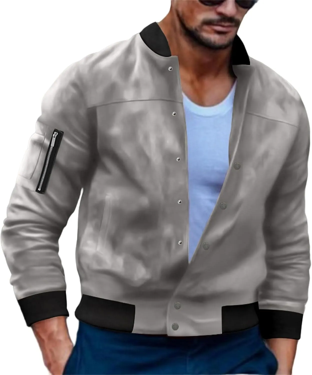Men’s Suede Bomber Jacket Lightweight Classic Fit Snap Button Down Varsity Coat Casual Spring Fall Windbreaker