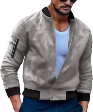 Men’s Suede Bomber Jacket Lightweight Classic Fit Snap Button Down Varsity Coat Casual Spring Fall Windbreaker