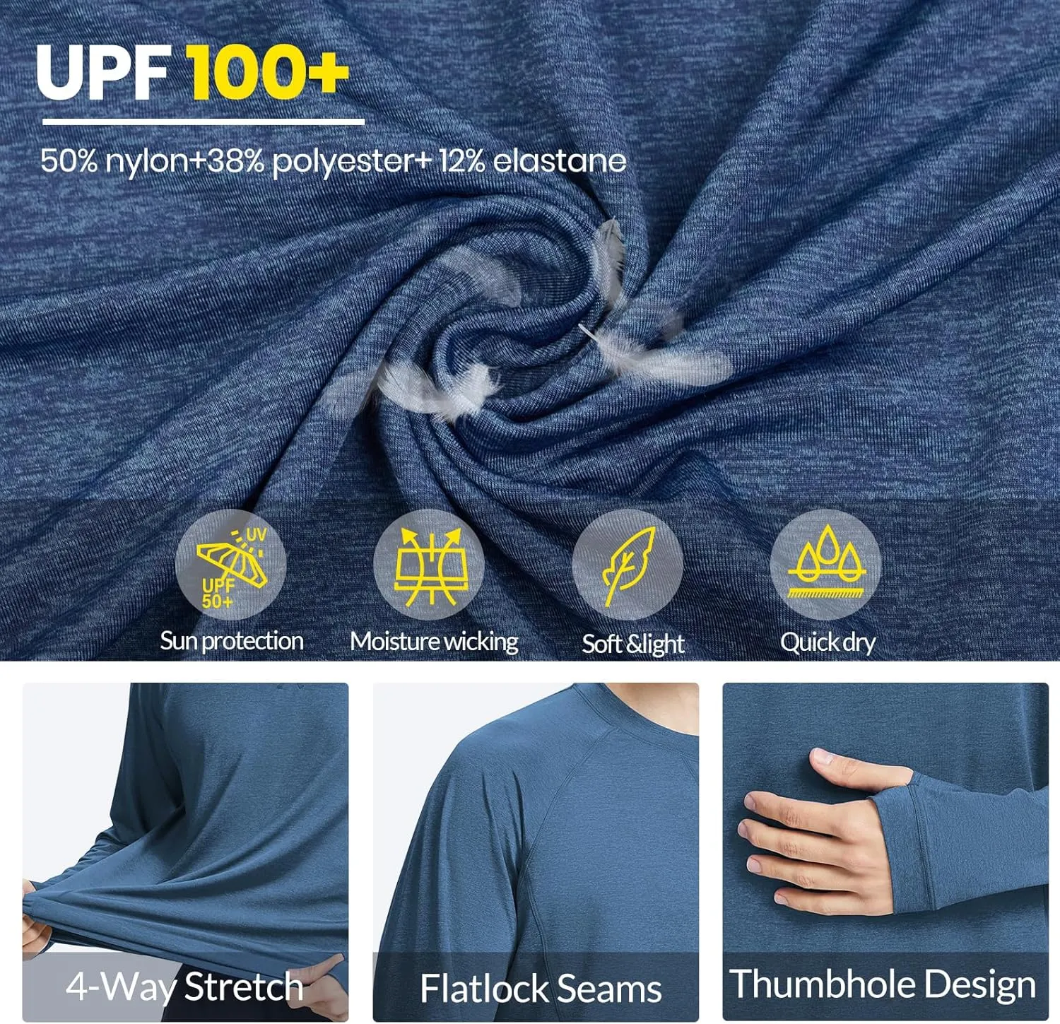 Mens UPF 100  Sun Protection Shirts Long Sleeve SPF UV Swim Rash Guard for Fishing Running Hiking Outdoor Workout