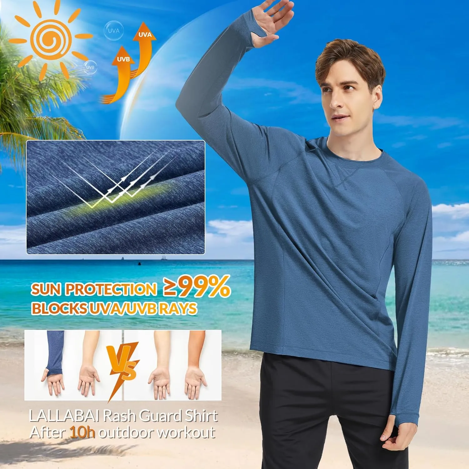 Mens UPF 100  Sun Protection Shirts Long Sleeve SPF UV Swim Rash Guard for Fishing Running Hiking Outdoor Workout