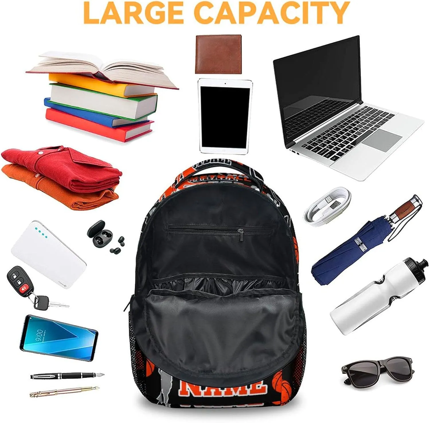 Mercuryelf Personalized Basketball Backpack for Boys, 16 Inch Black Backpacks for School Travel, Cool Lightweight Bookbag for Kids
