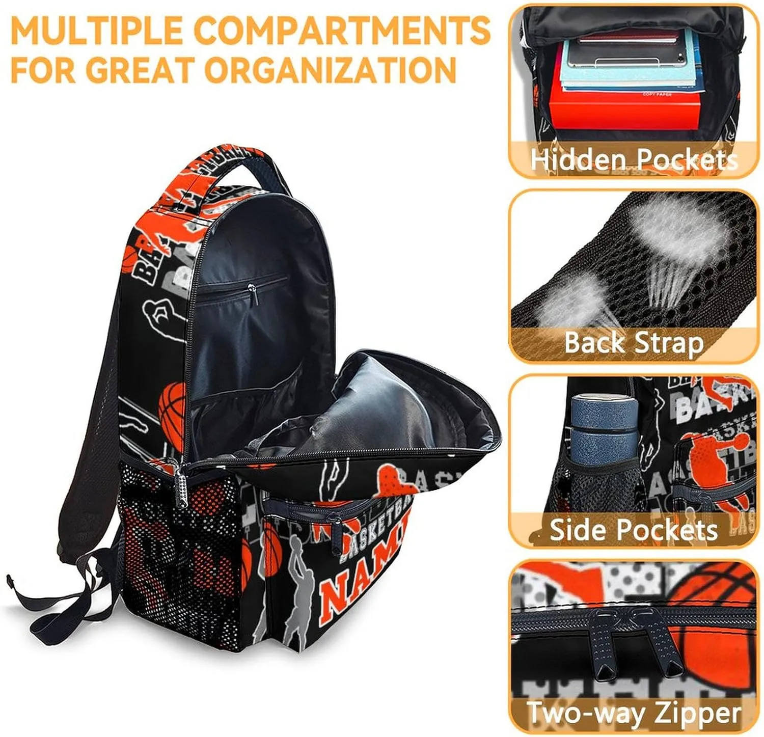 Mercuryelf Personalized Basketball Backpack for Boys, 16 Inch Black Backpacks for School Travel, Cool Lightweight Bookbag for Kids