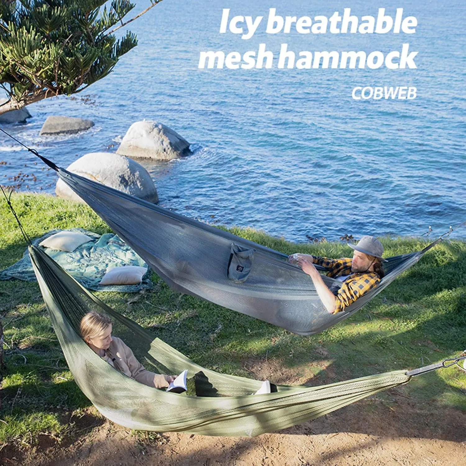 Mesh Hammock, Portable Camping Mesh Hammock, Breathable Lightweight Ice Silk Double & Single Nylon Hammocks, for Outdoor Adventures Camping (290 X180cm,Gray)
