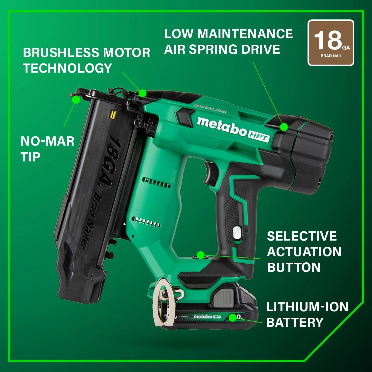 Metabo HPT 18V MultiVolt Brushless Compact Cordless Brad Nailer Kit, 18 Gauge Cordless Nailer with 2.0Ah Lithium Ion Battery, Drives 5/8" to 2" Brad Nails, Lifetime Warranty NT1850DFT