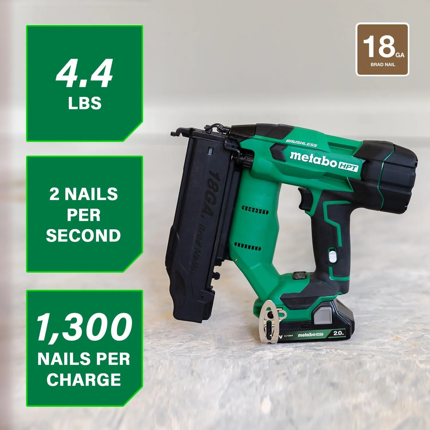 Metabo HPT 18V MultiVolt Brushless Compact Cordless Brad Nailer Kit, 18 Gauge Cordless Nailer with 2.0Ah Lithium Ion Battery, Drives 5/8" to 2" Brad Nails, Lifetime Warranty NT1850DFT