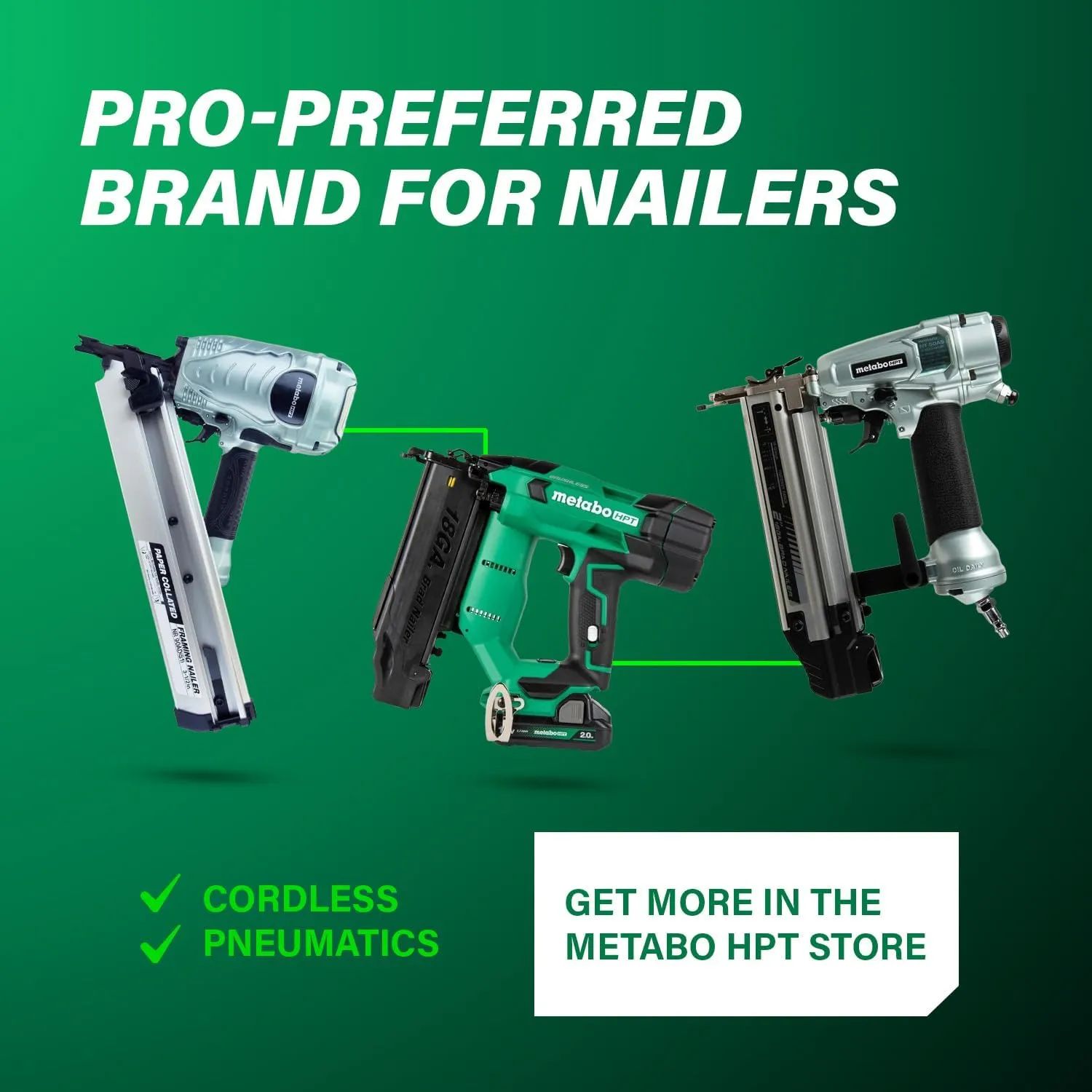 Metabo HPT 18V MultiVolt Brushless Compact Cordless Brad Nailer Kit, 18 Gauge Cordless Nailer with 2.0Ah Lithium Ion Battery, Drives 5/8" to 2" Brad Nails, Lifetime Warranty NT1850DFT