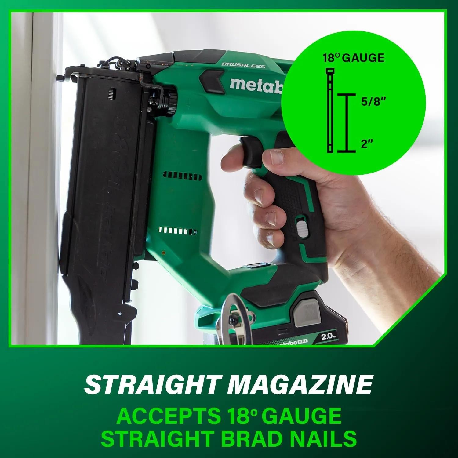 Metabo HPT 18V MultiVolt Brushless Compact Cordless Brad Nailer Kit, 18 Gauge Cordless Nailer with 2.0Ah Lithium Ion Battery, Drives 5/8" to 2" Brad Nails, Lifetime Warranty NT1850DFT