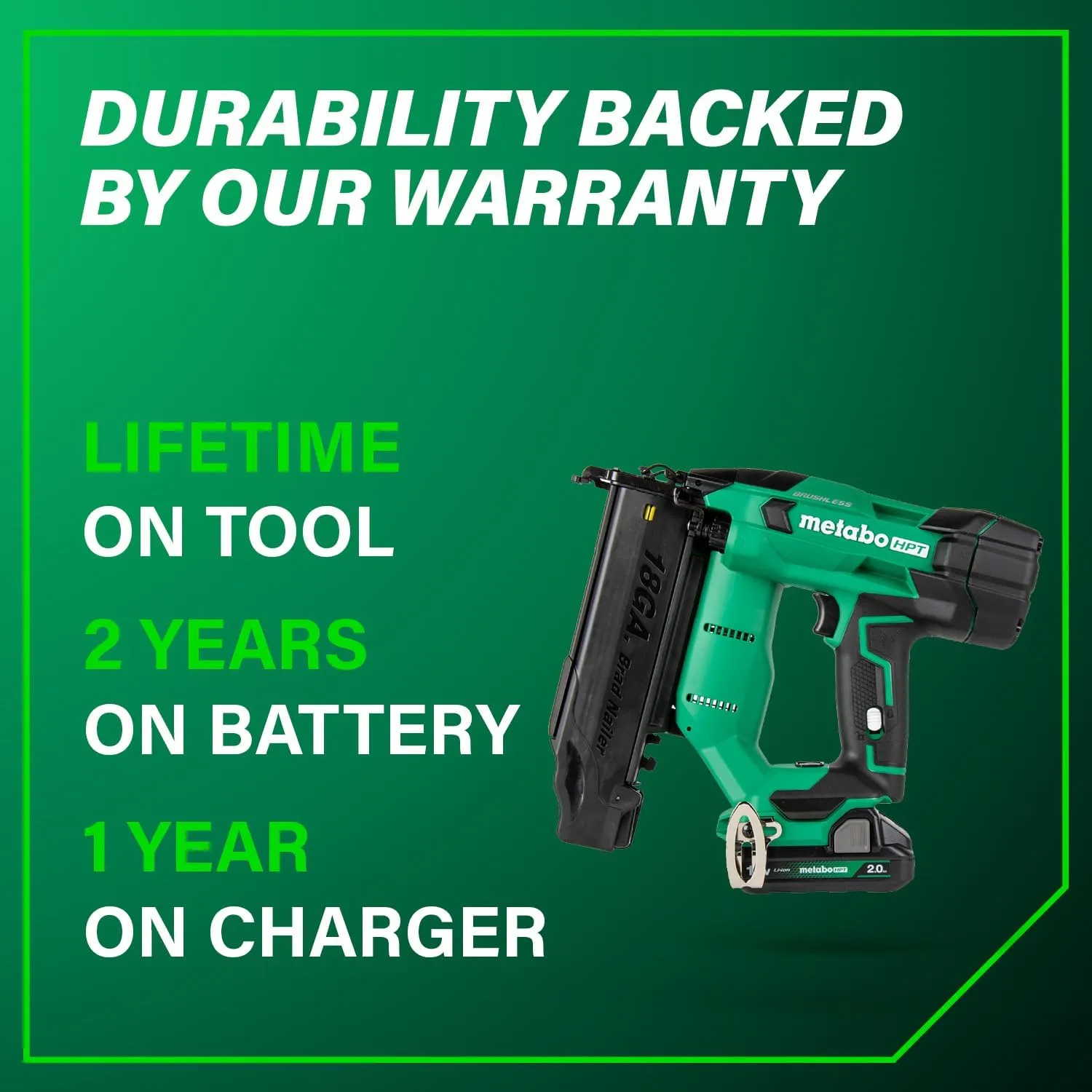 Metabo HPT 18V MultiVolt Brushless Compact Cordless Brad Nailer Kit, 18 Gauge Cordless Nailer with 2.0Ah Lithium Ion Battery, Drives 5/8" to 2" Brad Nails, Lifetime Warranty NT1850DFT