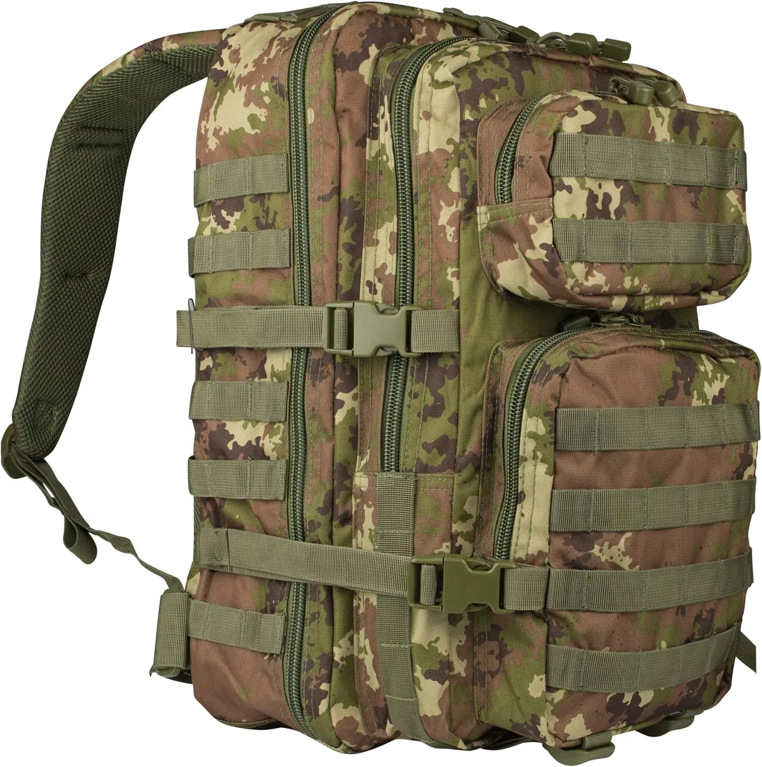 Mil-Tec Unisex Assault Pack - Rugged Durable Lightweight Ergonomic Versatile Tactical Outdoor Camping Hiking Backpack with Adjustable Padded Shoulder Straps & MOLLE Loops, Vegetato Woodland Camo, 36L