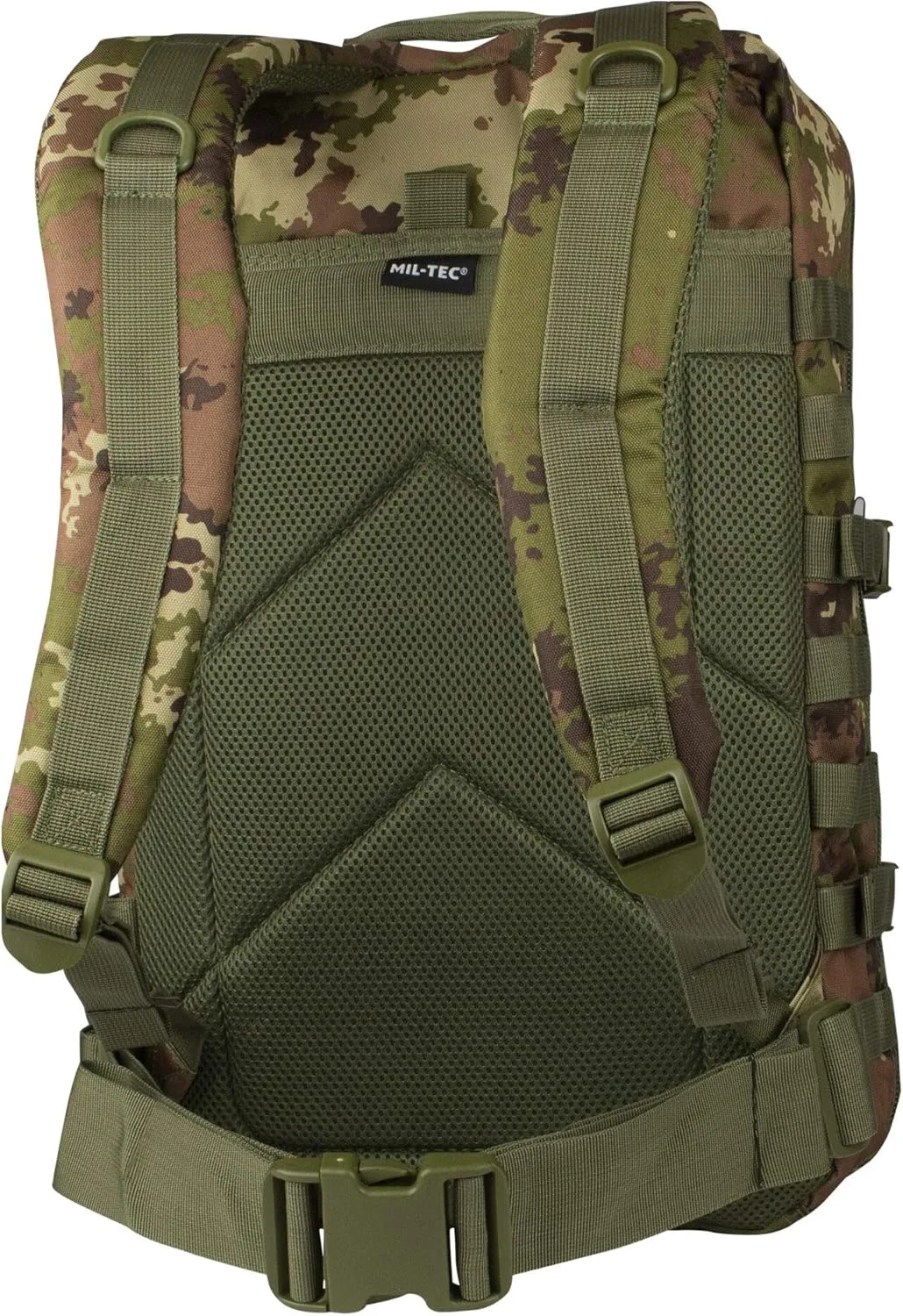 Mil-Tec Unisex Assault Pack - Rugged Durable Lightweight Ergonomic Versatile Tactical Outdoor Camping Hiking Backpack with Adjustable Padded Shoulder Straps & MOLLE Loops, Vegetato Woodland Camo, 36L