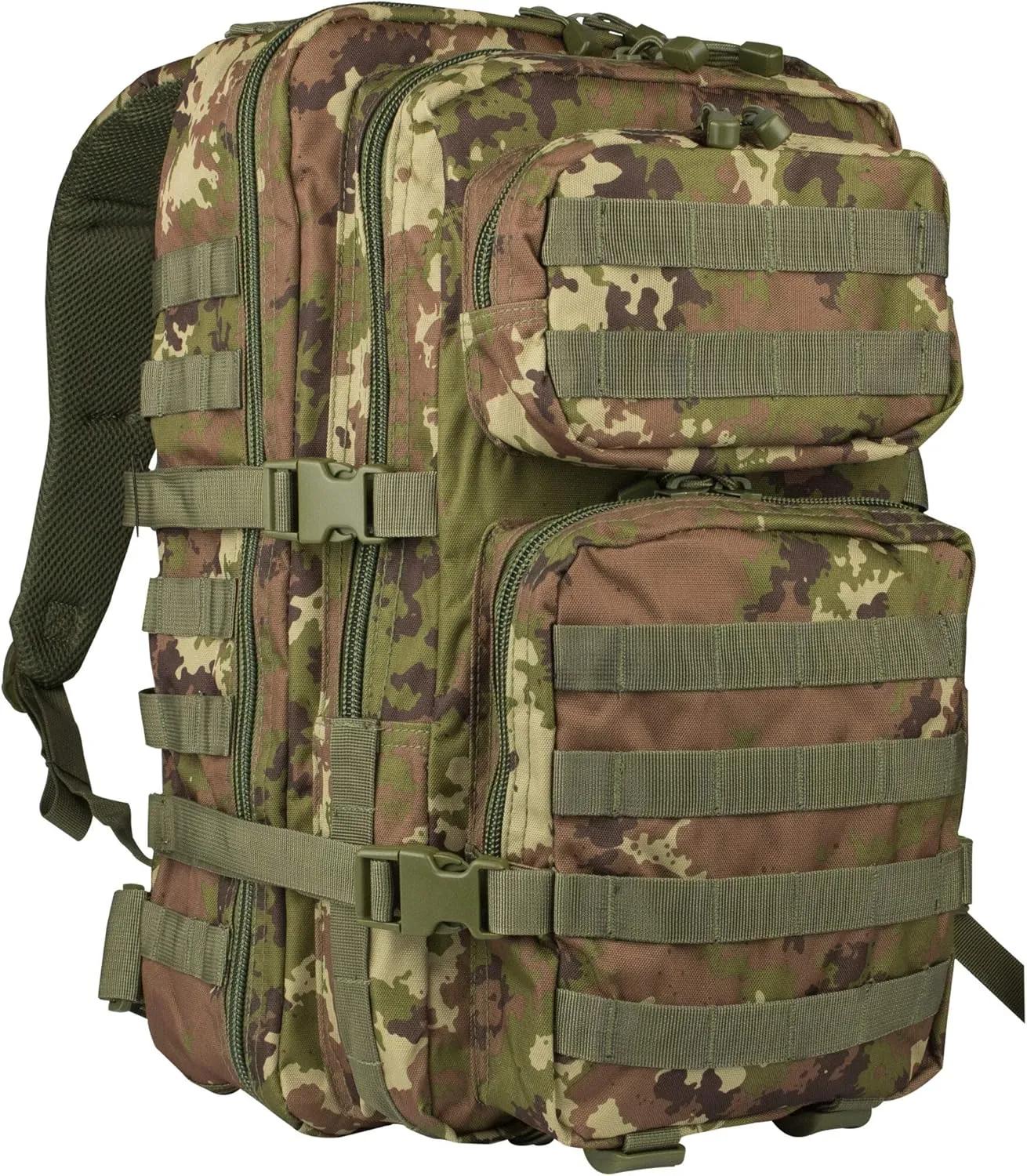 Mil-Tec Unisex Assault Pack - Rugged Durable Lightweight Ergonomic Versatile Tactical Outdoor Camping Hiking Backpack with Adjustable Padded Shoulder Straps & MOLLE Loops, Vegetato Woodland Camo, 36L
