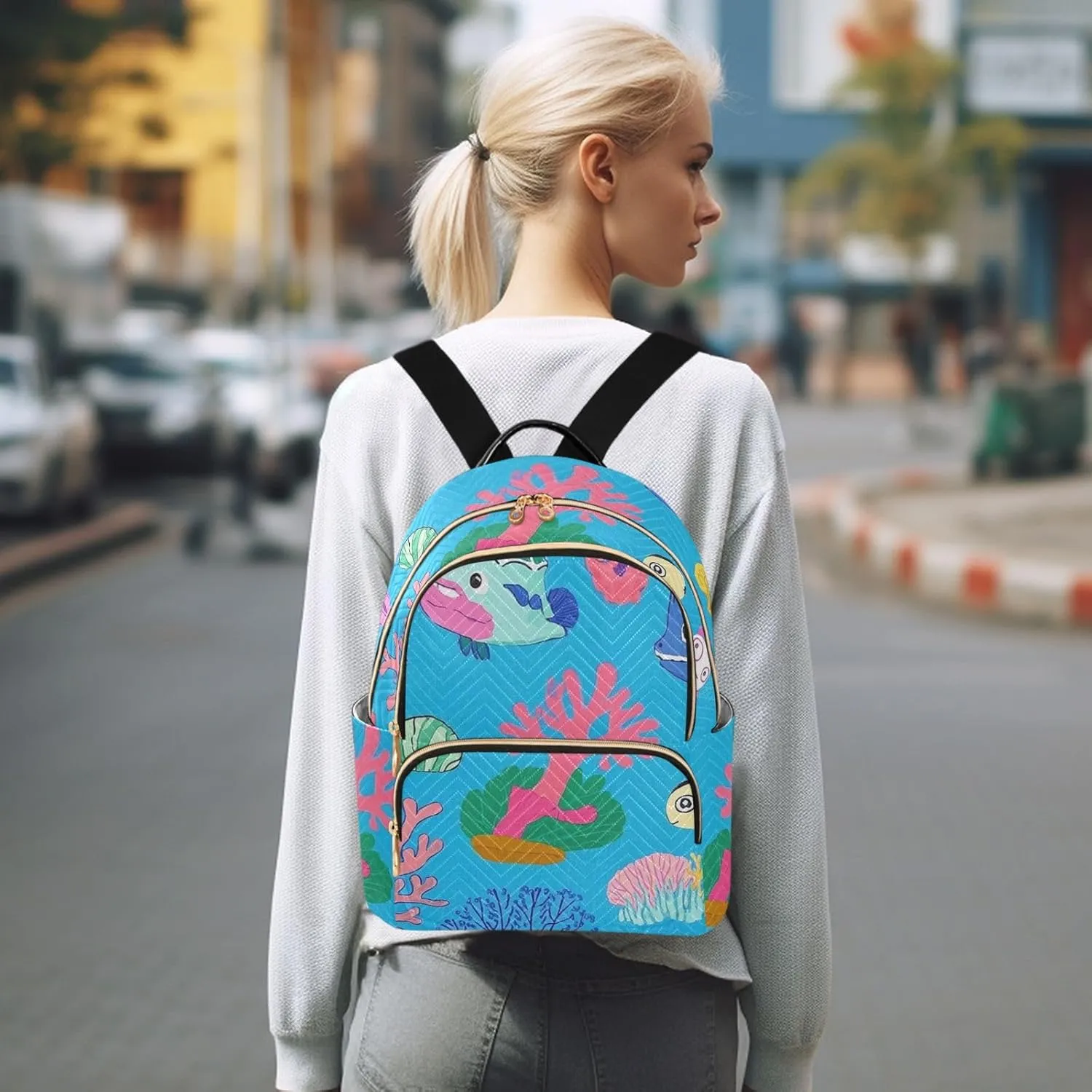Mini Backpack Quilted Purse for Womens Small Backpack Daypack Coral Print for Travel Daily Work,Multi1