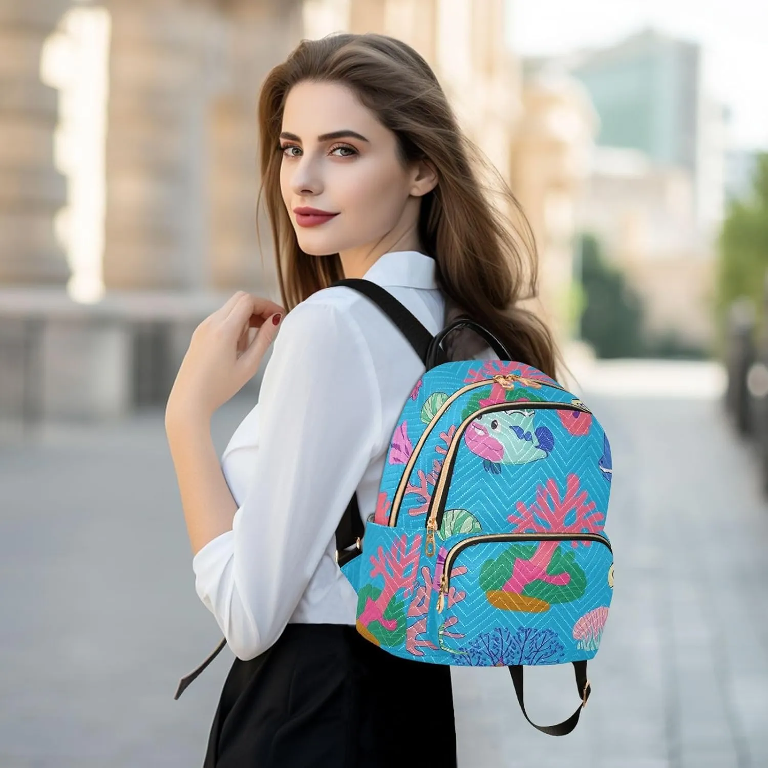 Mini Backpack Quilted Purse for Womens Small Backpack Daypack Coral Print for Travel Daily Work,Multi1