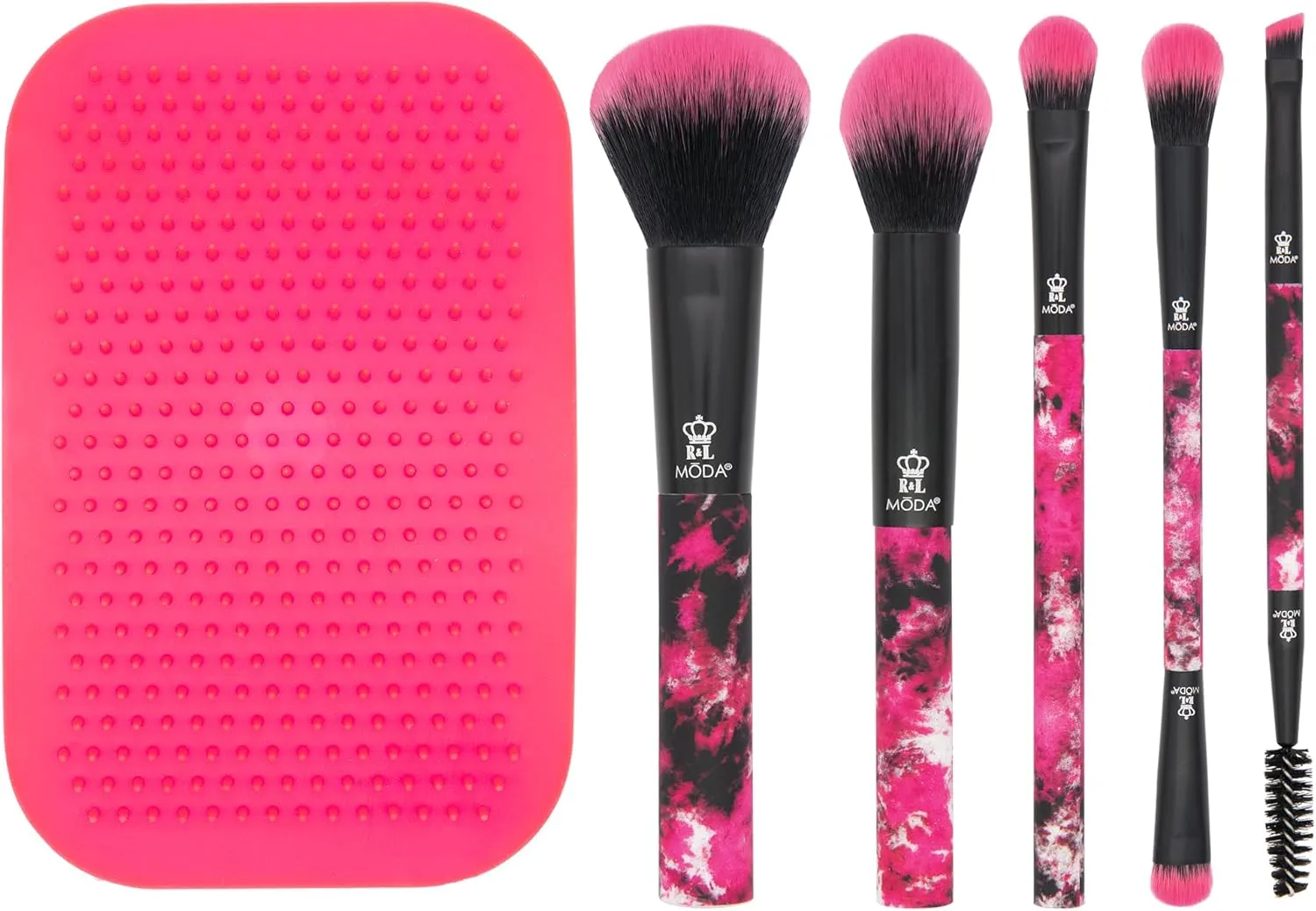 MODA Neon Pink Tie-Dye 6pc Makeup Brush Kit with Scrubby – Colorful Face & Eye Brush Set