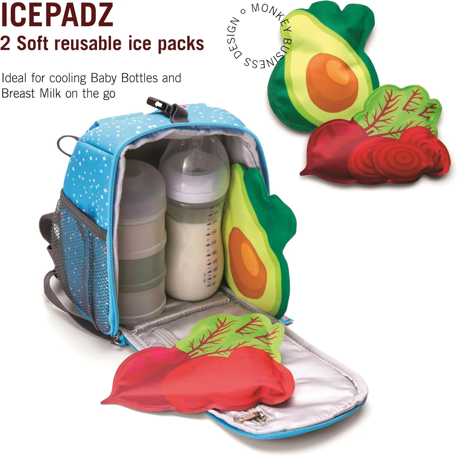 Monkey Business Icepadz Soft Ice Pack Set, Reusable Ice Packs for Baby Bottles and Breast Milk, Slim Ice Pack for Cooler and Lunch Box