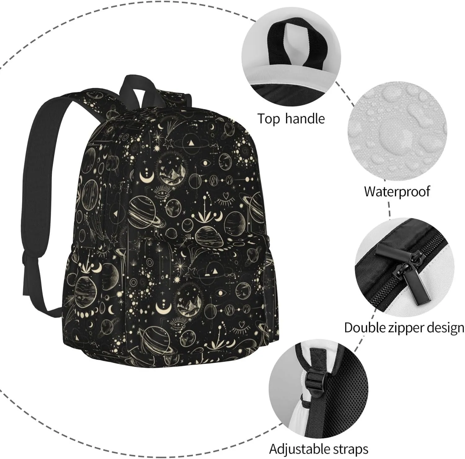 Moon Phase Waterproof Backpack Adjustable Shoulder Straps Bag Large Capacity Casual Daypack Bookbag For Travel Work