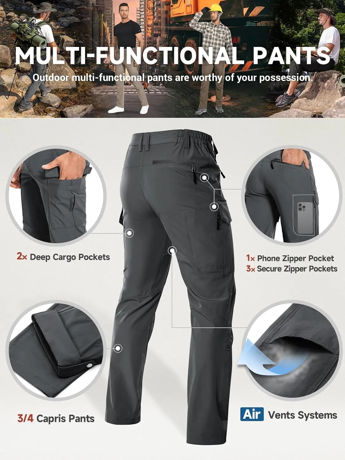 Moosehill Men's Hiking Cargo Pants Lightweight Water-Resistant Quick Dry for Tactical Work Fishing Golf Travel Outdoor Casual