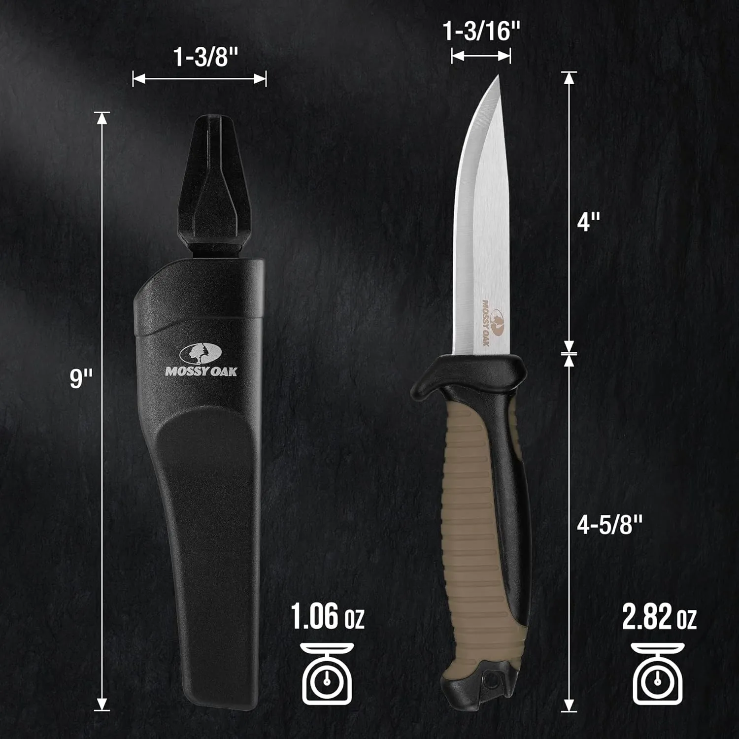 MOSSY OAK Fixed Blade Outdoor Knife with Sheath, 4-inch Stainless Steel Drop Point Blade, Outdoor Knives for Hunting, Fishing, Camping (Brown)