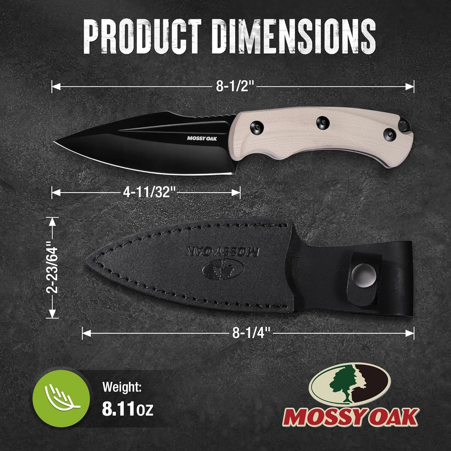 MOSSY OAK Survival Hunting Knife with Sheath, 8.5-inch Full-tang Fixed Blade Knife, Outdoor Knives for Survival, Camping, Hiking (G10 Handle-Desert)