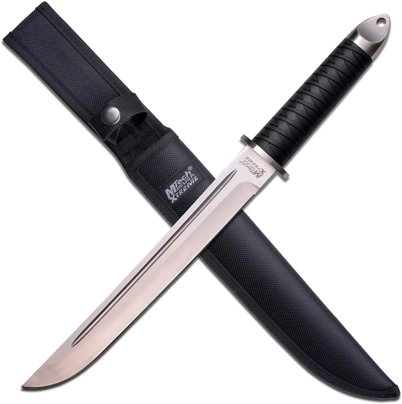 MTech Xtreme – Fixed Blade Knife - Satin Stainless Steel Blade w/Blood Groove, Injection Molded Rubber Handle w/Ribbon Pattern, Nylon Sheath - Hunting, Camping, Survival, EDC, Tactical, – MT-8130