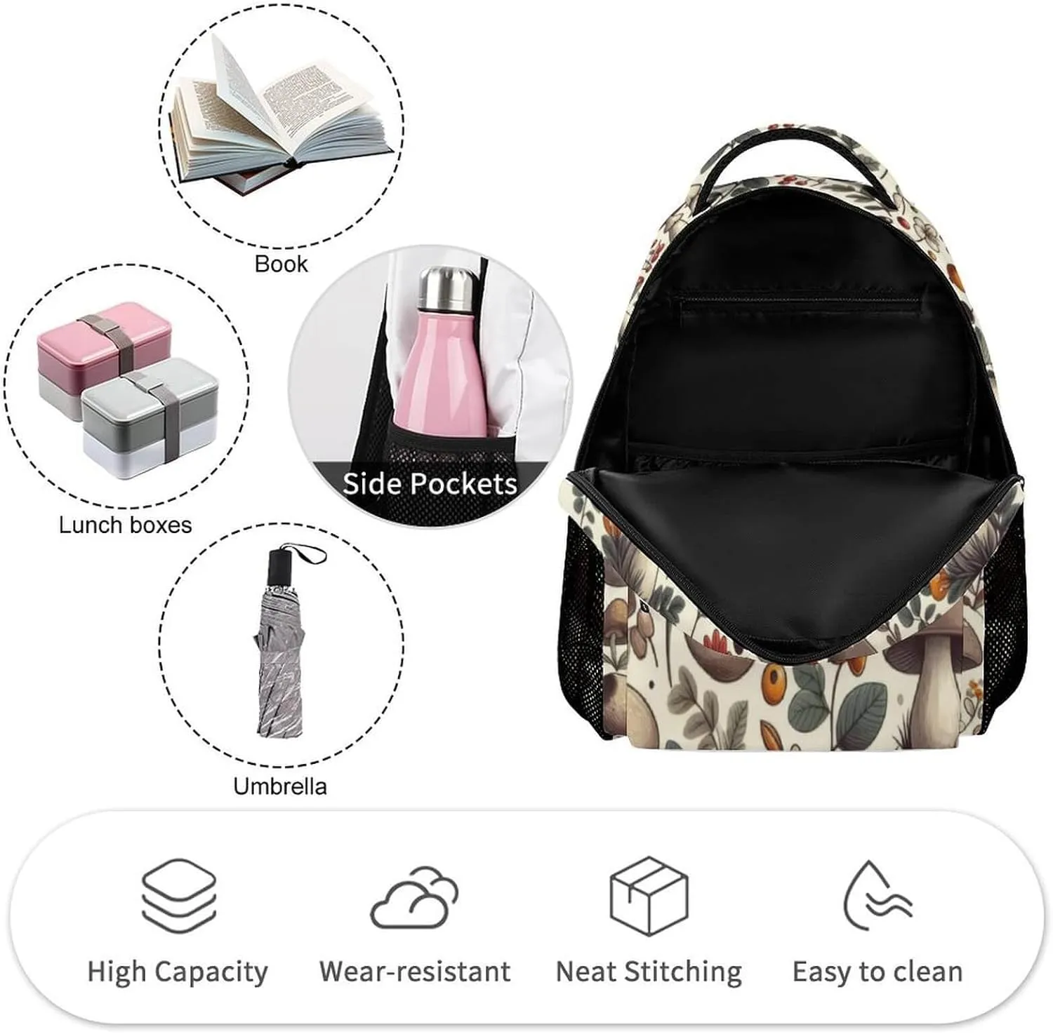 Mushroom School Backpack for Kids Girls Boys, 16 Inch Cute Mushrooms Themed Bookbag, Personality School Backpack for Students Children, Lightweight, Large Capacity