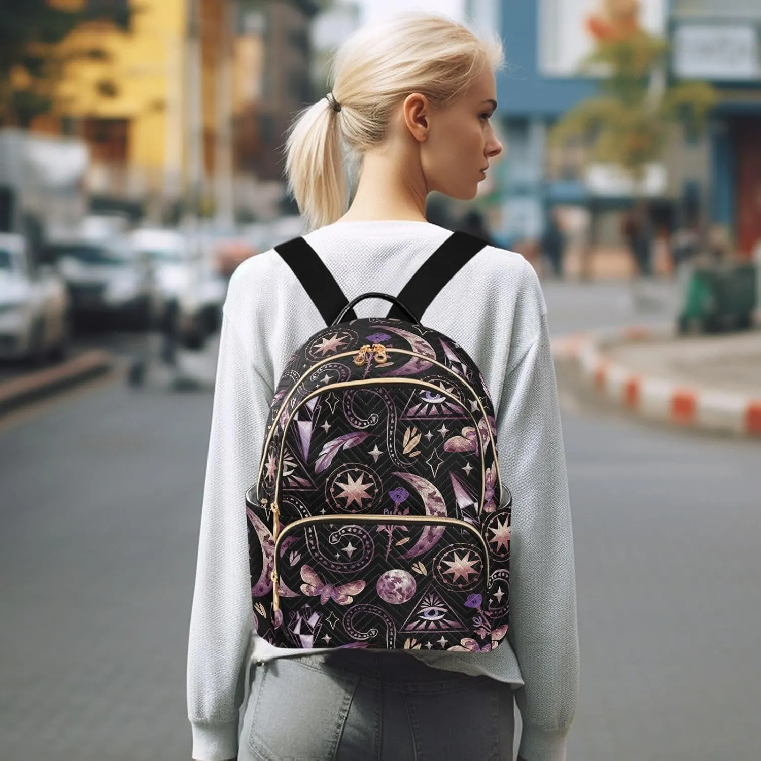 Mystical Characters Wiccan Moon Phases Stars Feather Butterfly Mini Backpack for Women, Travel Backpack Purse Daypack Shoulder Bag for Ladies