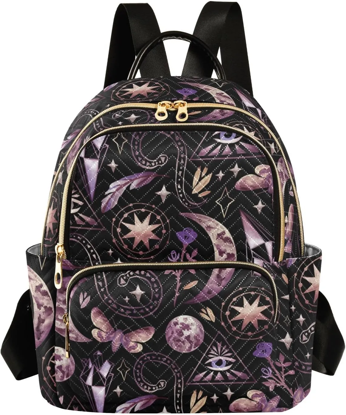 Mystical Characters Wiccan Moon Phases Stars Feather Butterfly Mini Backpack for Women, Travel Backpack Purse Daypack Shoulder Bag for Ladies