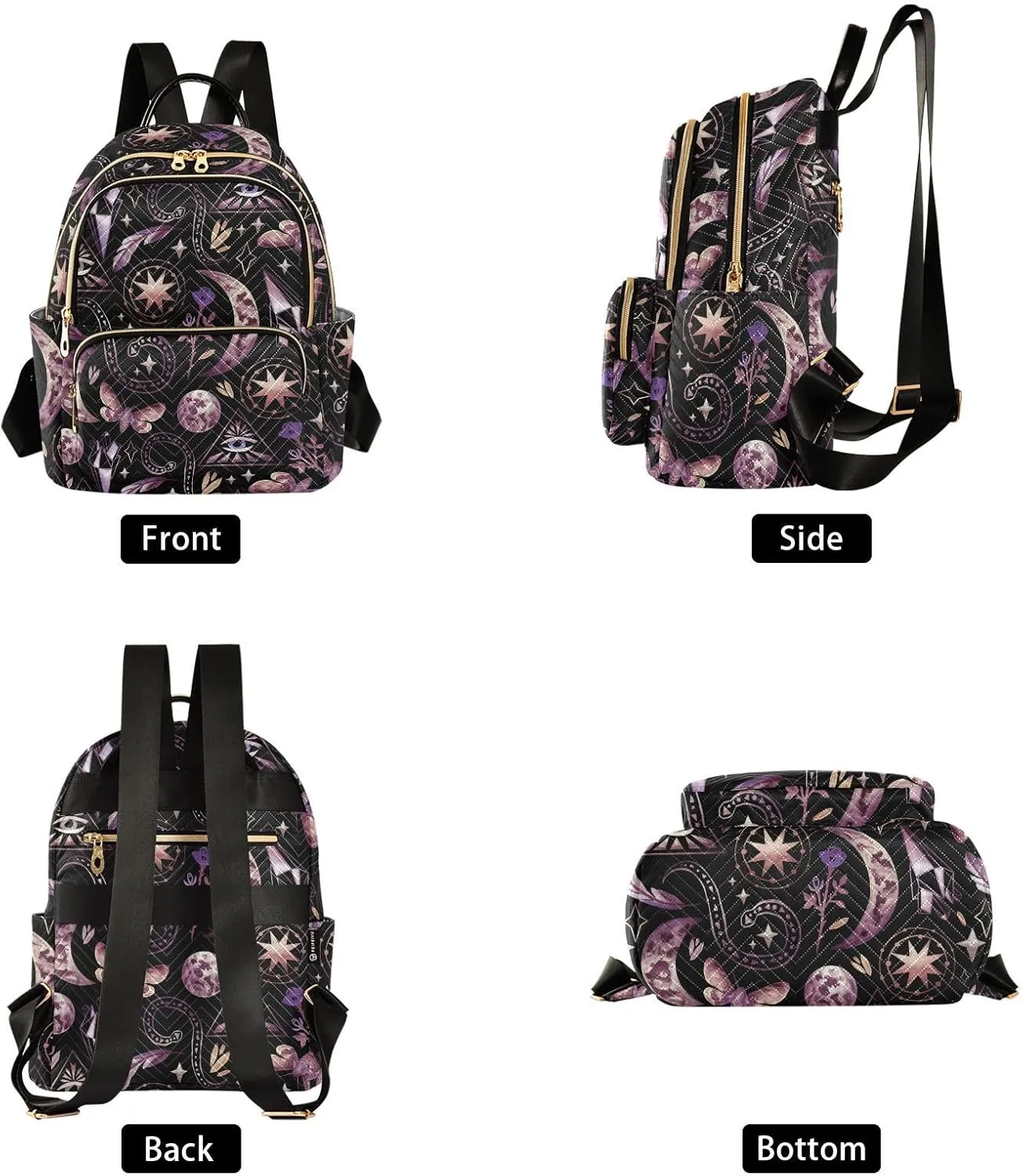 Mystical Characters Wiccan Moon Phases Stars Feather Butterfly Mini Backpack for Women, Travel Backpack Purse Daypack Shoulder Bag for Ladies