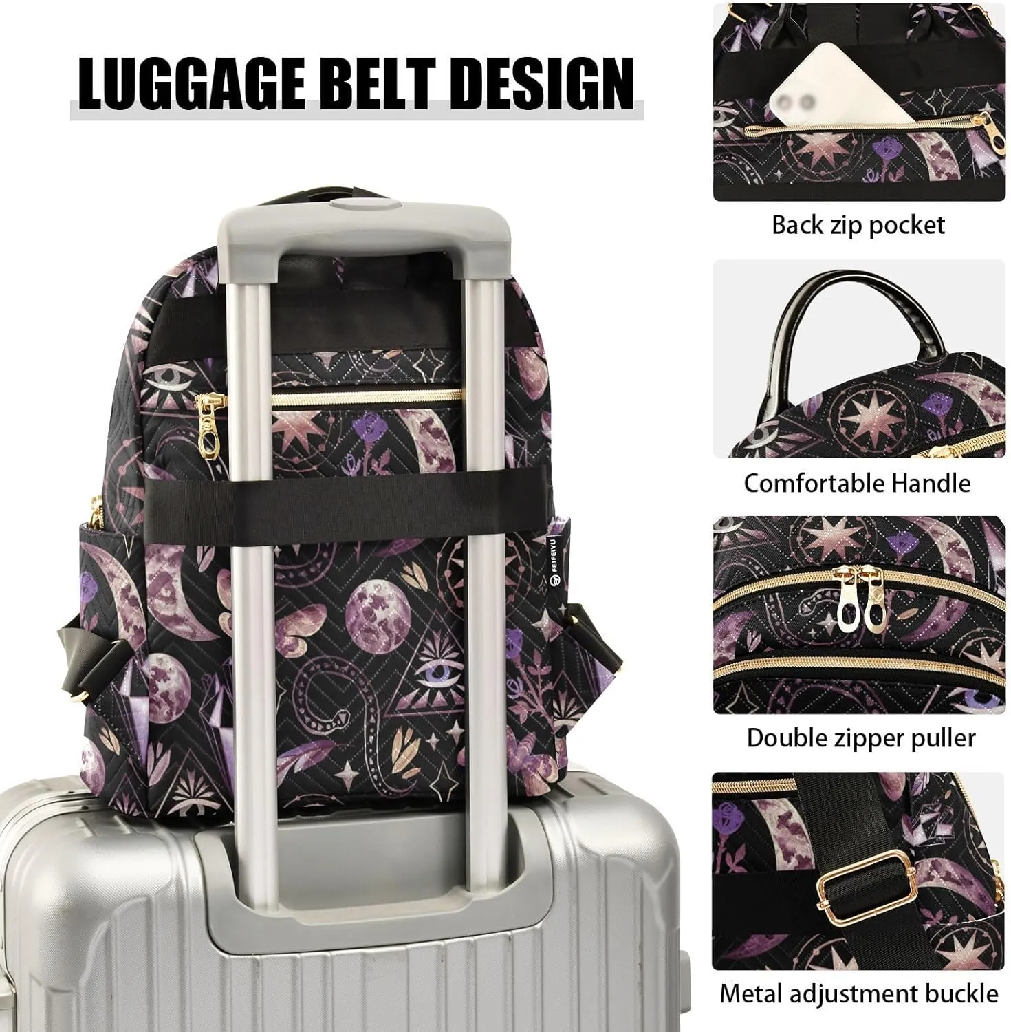 Mystical Characters Wiccan Moon Phases Stars Feather Butterfly Mini Backpack for Women, Travel Backpack Purse Daypack Shoulder Bag for Ladies