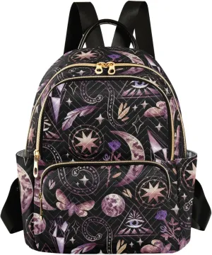 Mystical Characters Wiccan Moon Phases Stars Feather Butterfly Mini Backpack for Women, Travel Backpack Purse Daypack Shoulder Bag for Ladies